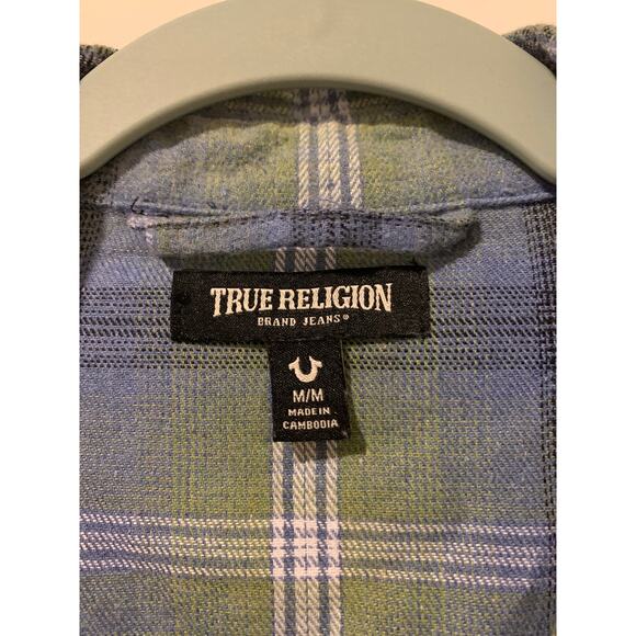 True Religion Long Sleeve Button Down Shirt Graphic Large Letter Medium Plaid - Picture 4 of 9